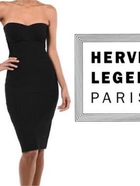 Herve Leger Black Bodycon Strapless Pencil Dress